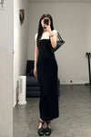 SWAYING/KNIT Puff Sleeve Contrast Color Silk Dress SW23SS2L21 Black/White